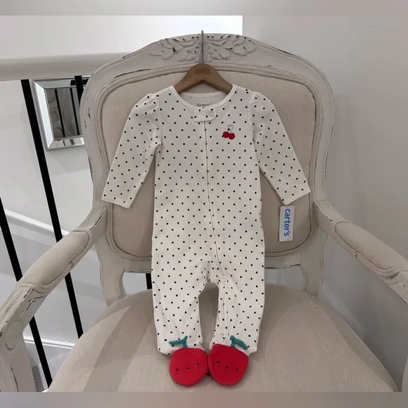 🍒 9 Mth Carter's White with Black Polka Dots and Red Cherry Accent Cotton Footie - Picture 8 of 8